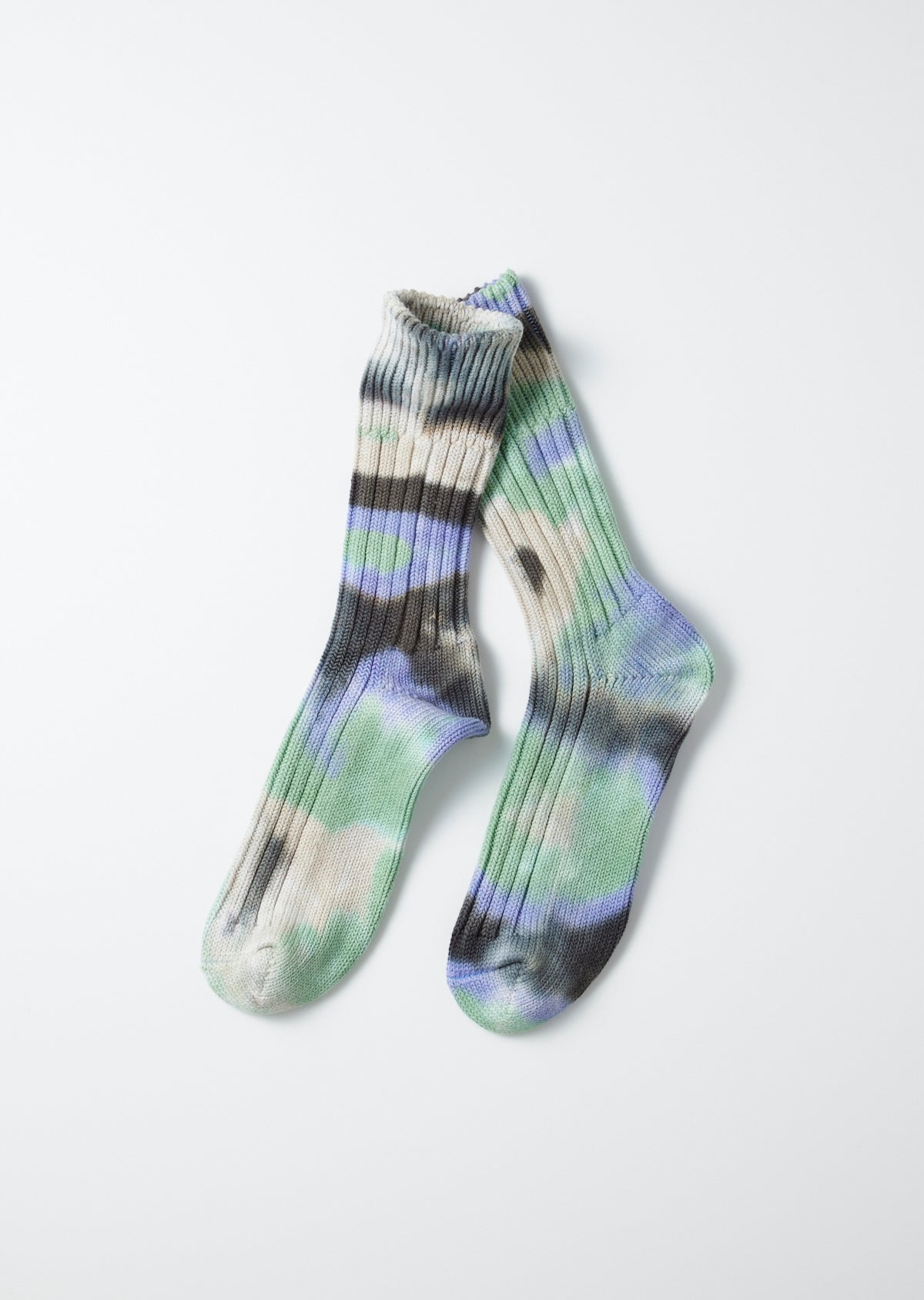 Rototo Chunky Ribbed Crew Socks &#39;Tie-Dye&quot; Black Mint Purple 