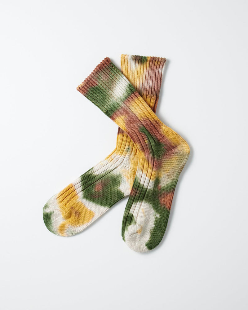 Rototo Chunky Ribbed Crew Socks &#39;Tie-Dye&quot; Green Gold Brown