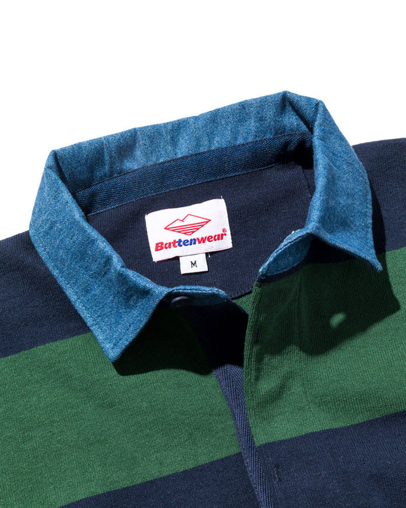 Battenwear Pocket Rugby Shirt Green x Navy Stripe