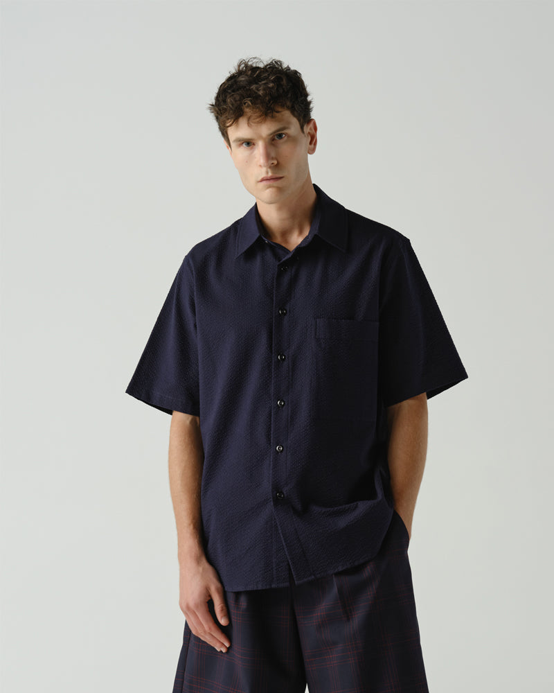 Thom Morison Short Sleeve Shirt Navy Seersucker